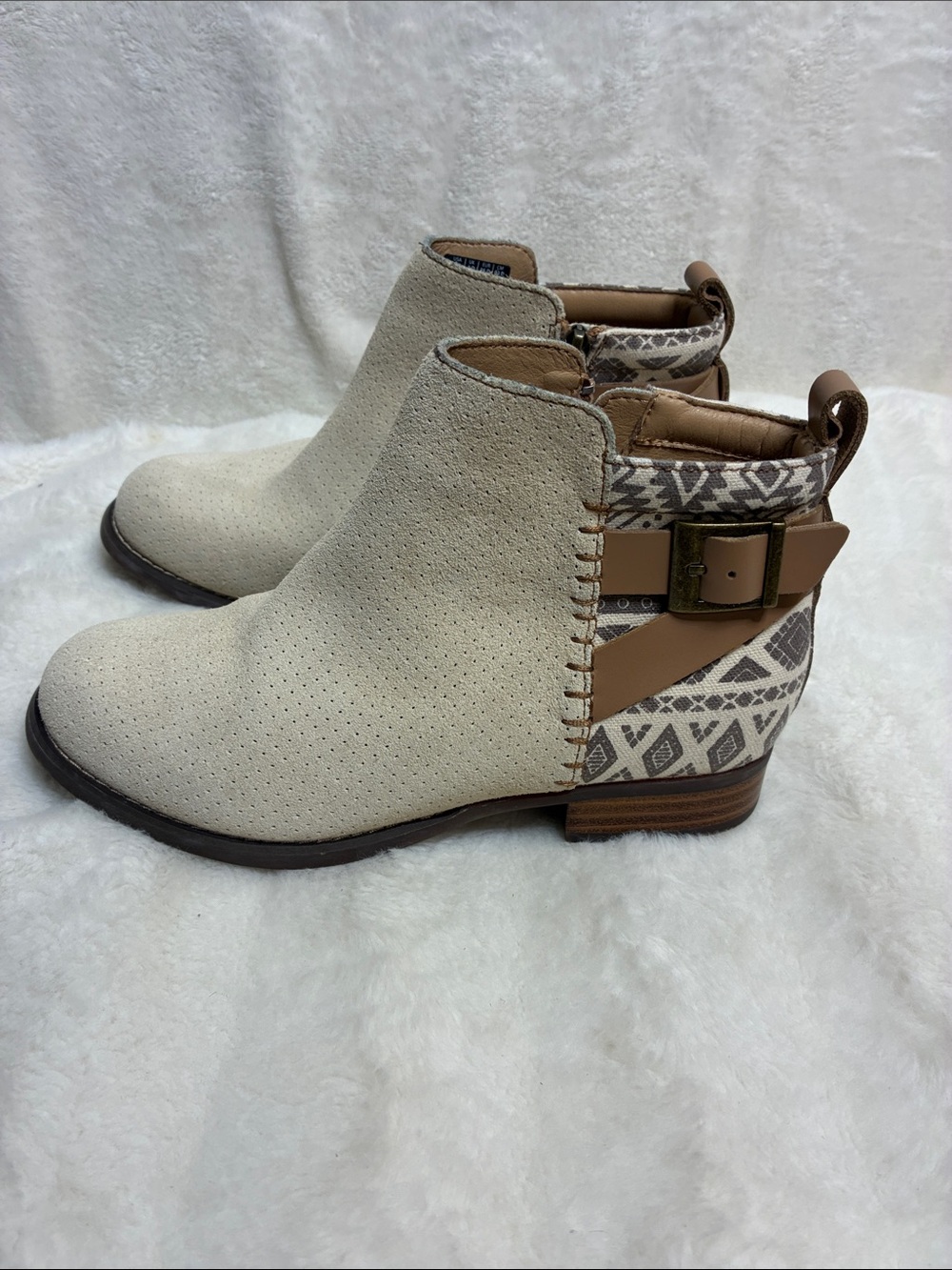 Women's Cream Suede Ankle Booties with Patterned Heel and Buckle